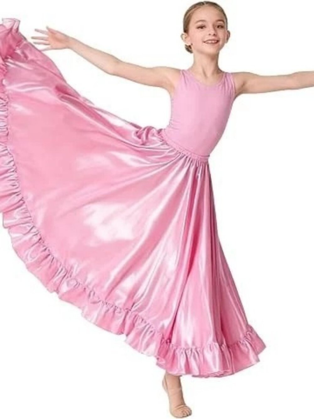 Girls Pink Satin Full Circle Dance Skirt, Ruffle, Ages 8-12